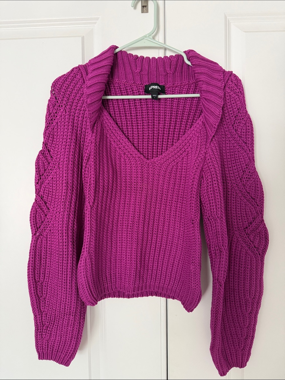 Express Bright Fuchsia V-Neck Cable Sleeve Sweater